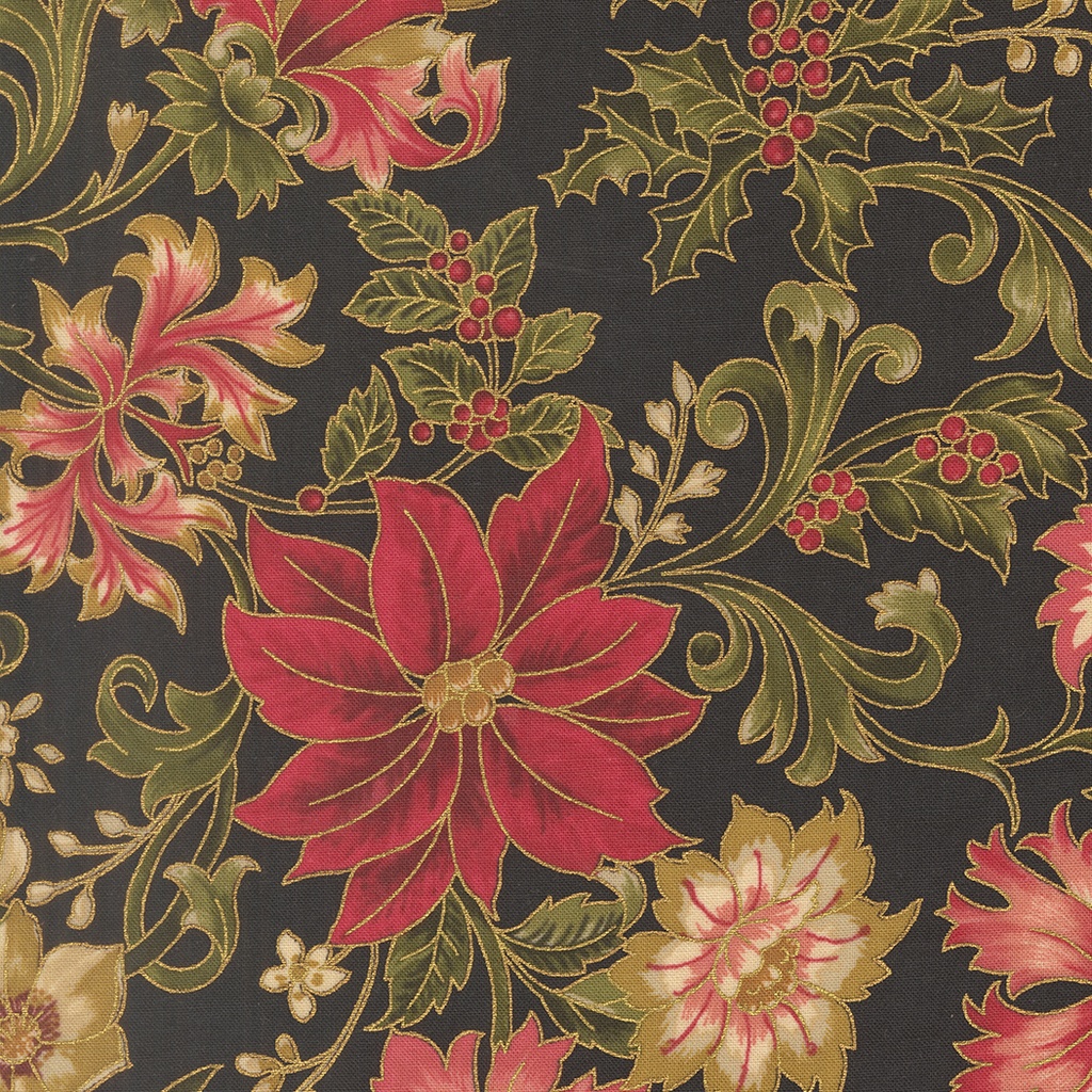 Merry Manor Metallic 2025 Large Jacobean Poinsettias Ebony from Moda Fabrics