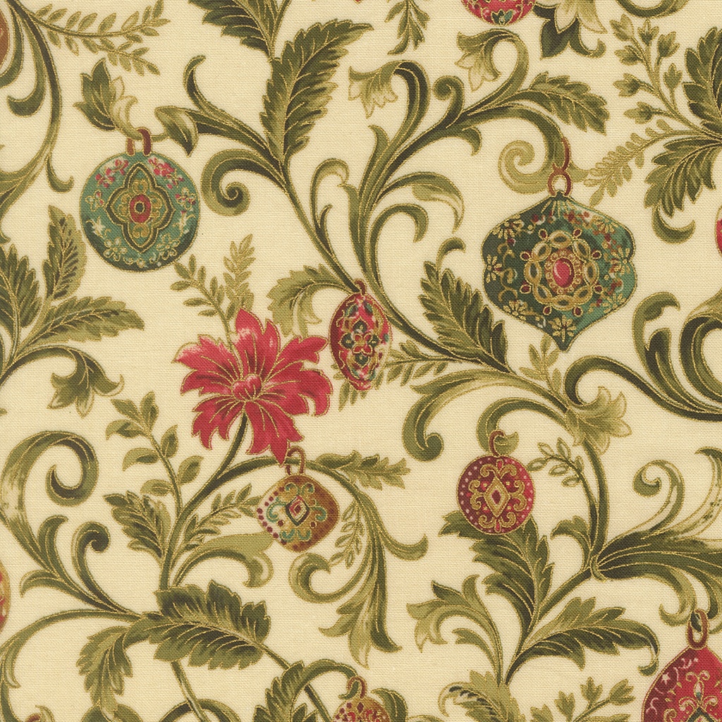 Merry Manor Metallic 2025 Floral Vines and Ornaments Cream from Moda Fabrics