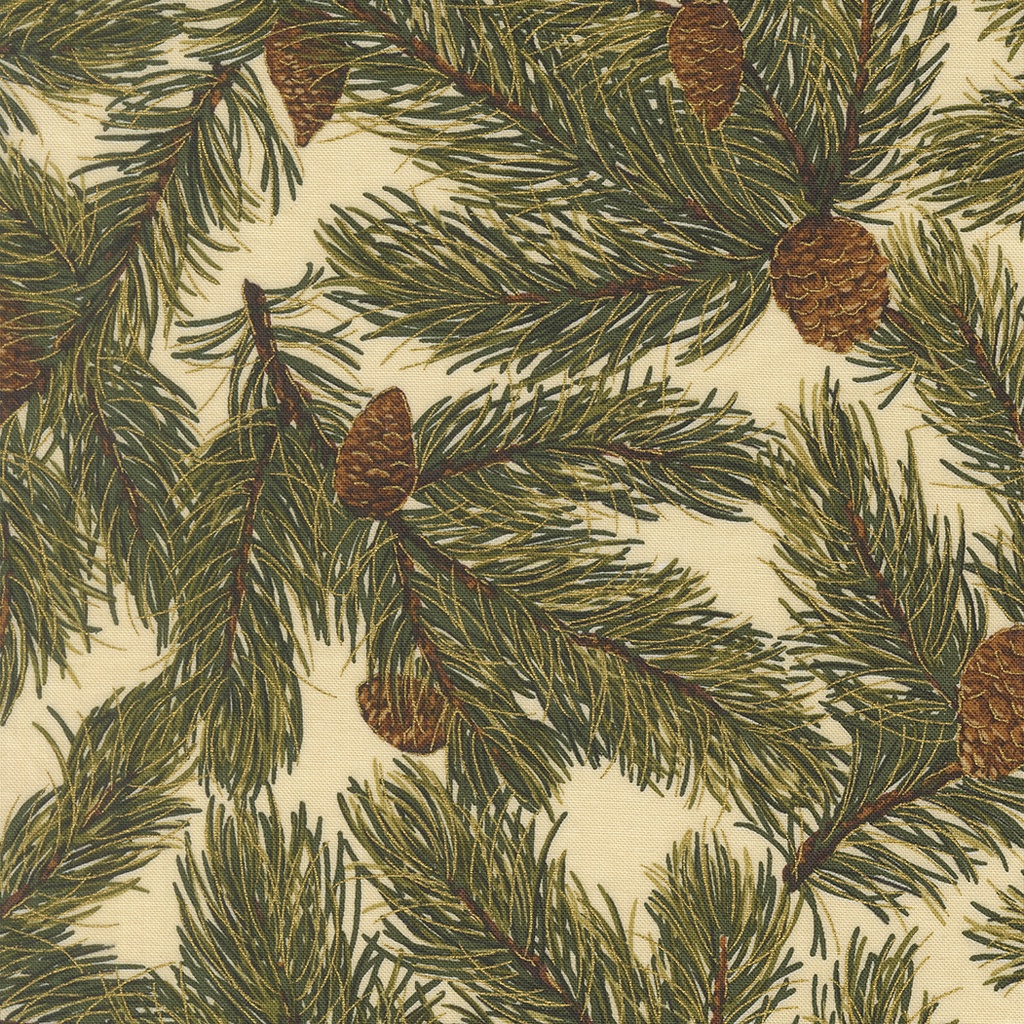 Merry Manor Metallic 2025 Pine Boughs and Pine Cones Cream from Moda Fabrics