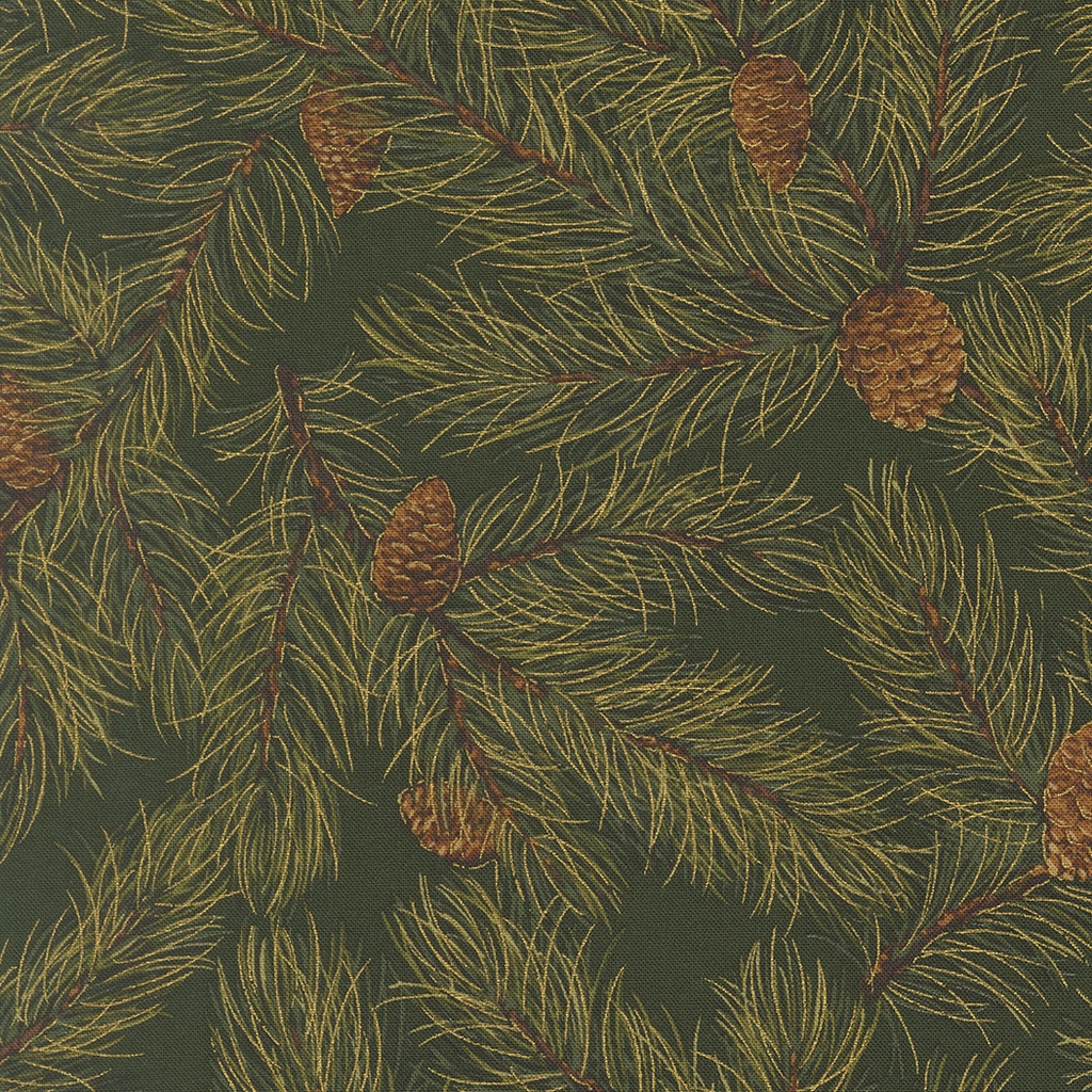 Merry Manor Metallic 2025 Pine Boughs and Pine Cones Evergreen from Moda Fabrics