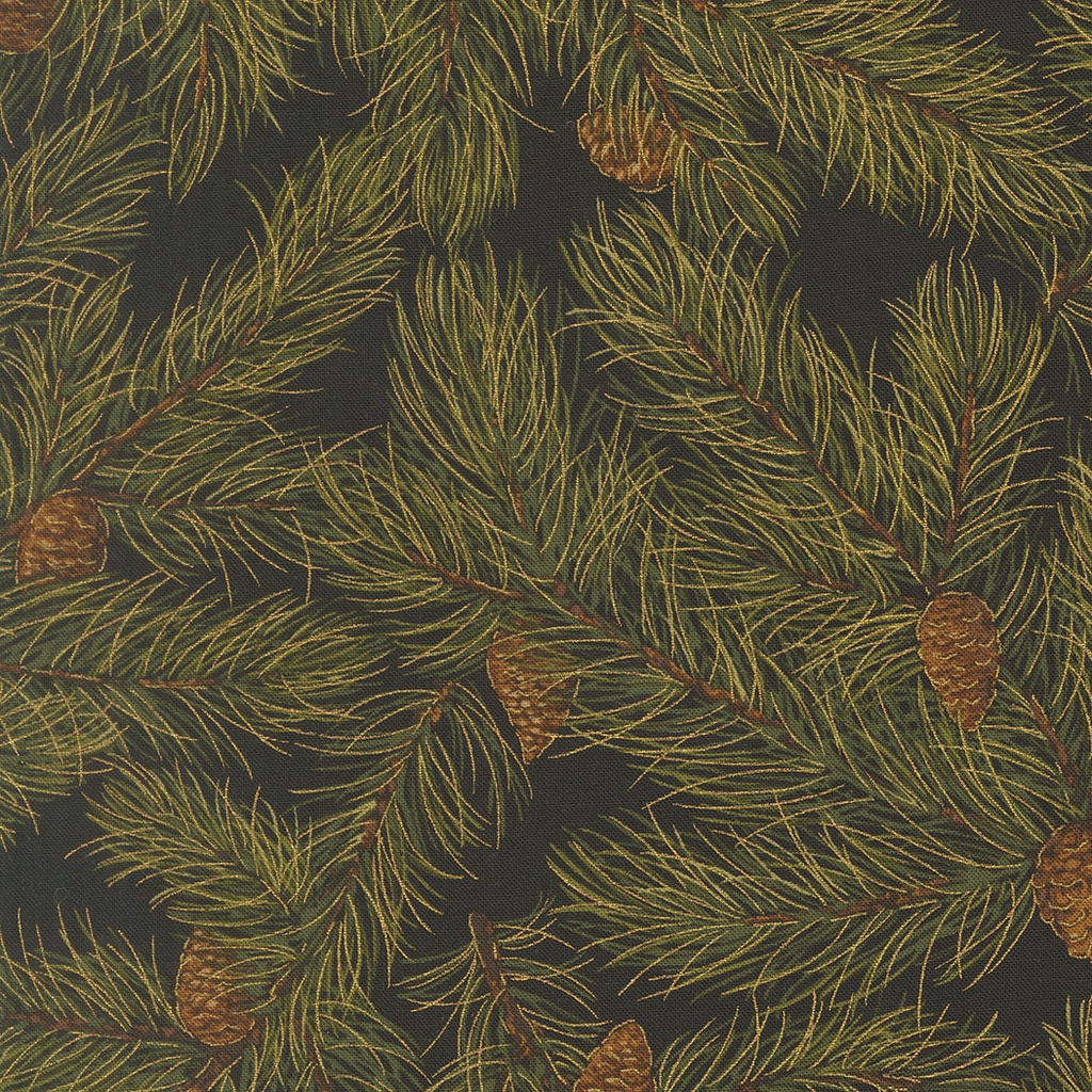 Merry Manor Metallic 2025 Pine Boughs and Pine Cones Ebony from Moda Fabrics