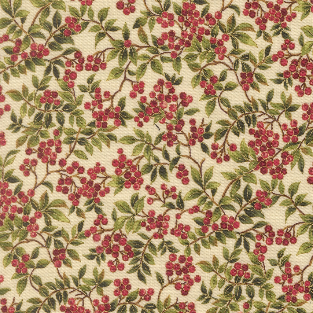 Merry Manor Metallic 2025 Holly Leaves and Berries Cream from Moda Fabrics