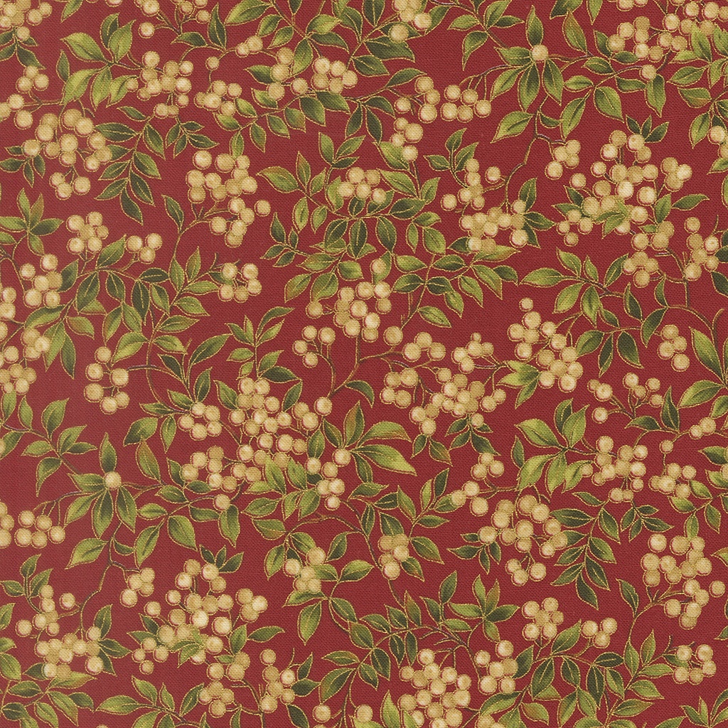 Merry Manor Metallic 2025 Holly Leaves and Berries Crimson from Moda Fabrics