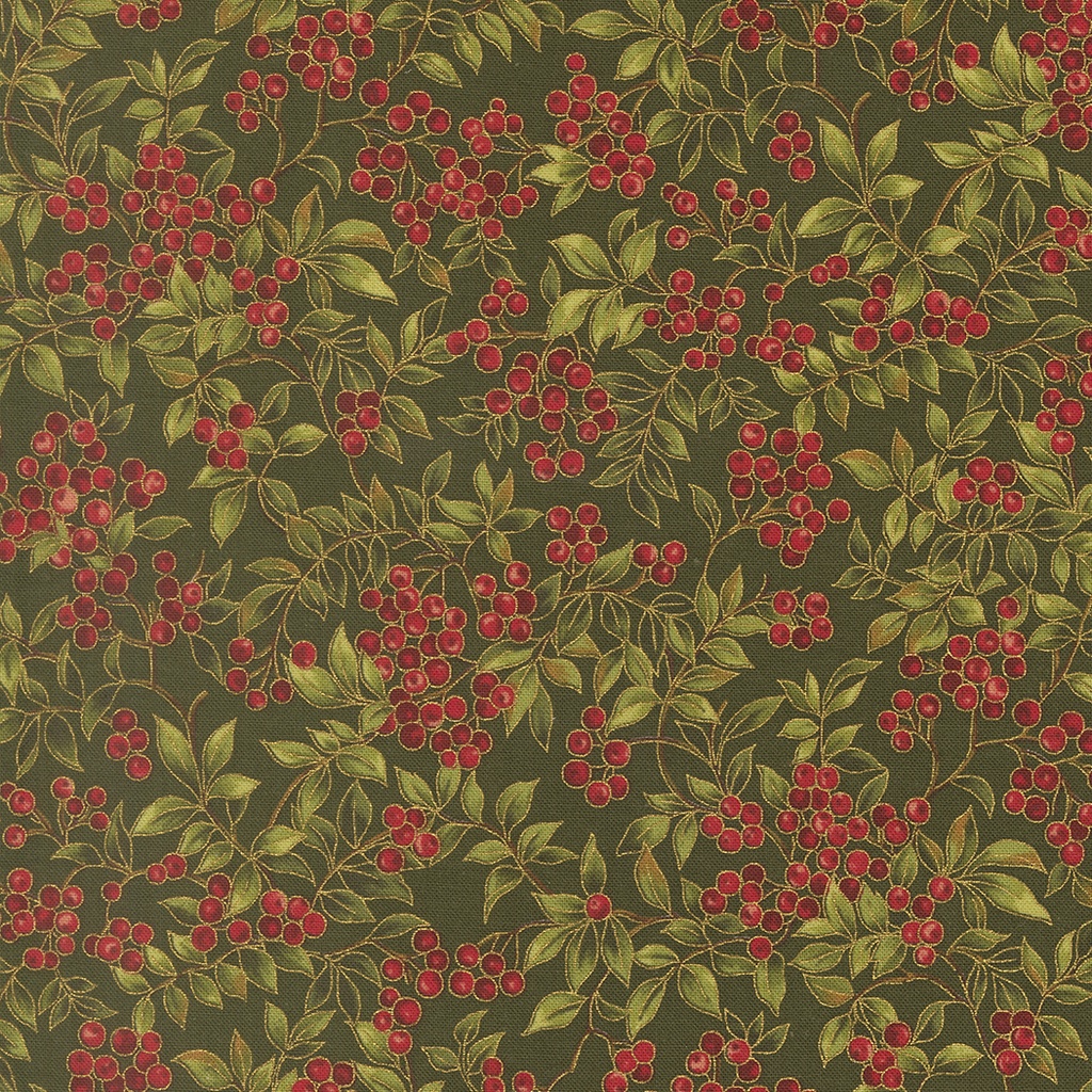 Merry Manor Metallic 2025 Holly Leaves and Berries Evergreen from Moda Fabrics