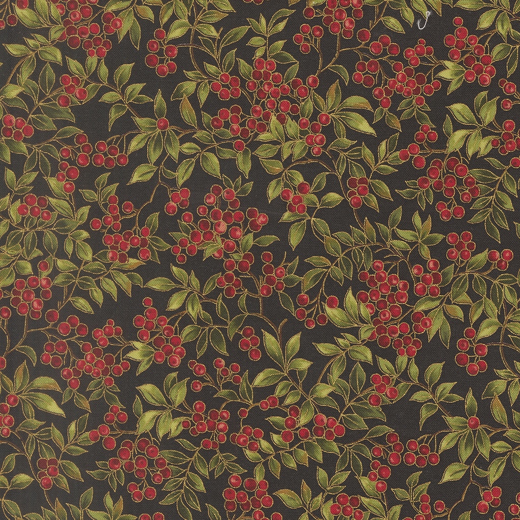 Merry Manor Metallic 2025 Holly Leaves and Berries Ebony from Moda Fabrics
