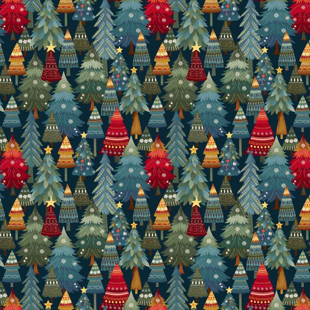 Nordic Holiday Village Stacked Trees Dark Blue by Mary Jane Carey from Henry Glass Fabrics