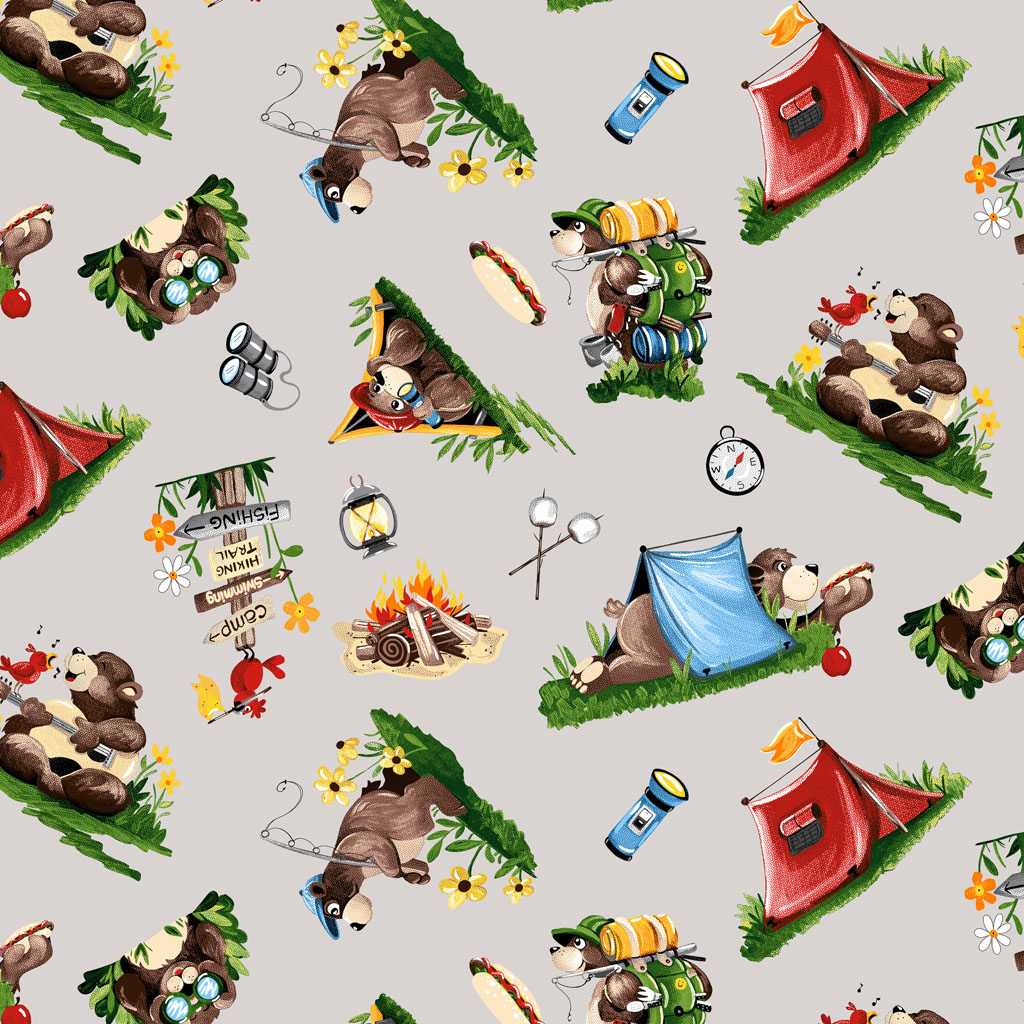Barron Goes Camping Campground Light Grey by Susy Bleasby from Clothworks