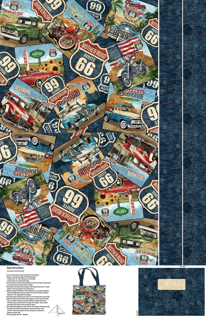 Historic Route 66 Tote Bag Panel Navy Multi by Deborah Edwards and Melanie Samra for Northcott Fabrics