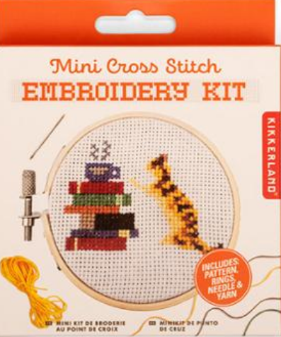 Cat and Books Mini Cross Stitch Embroidery Kit by Kikkerland