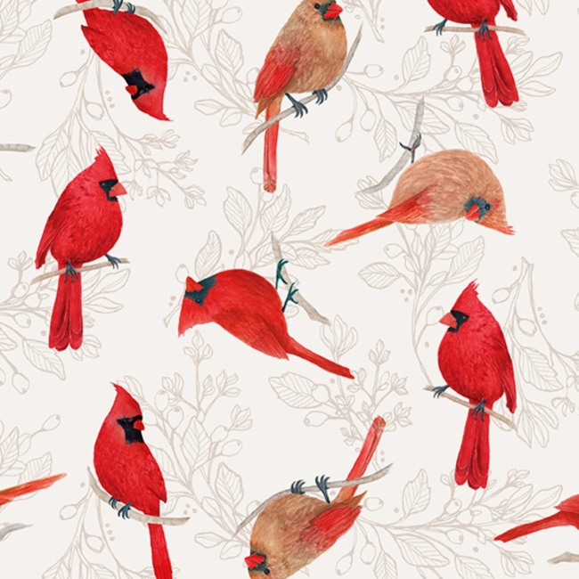 Unexpected Red Cardinals Cream by Rebecca Canale from Studio E Fabrics