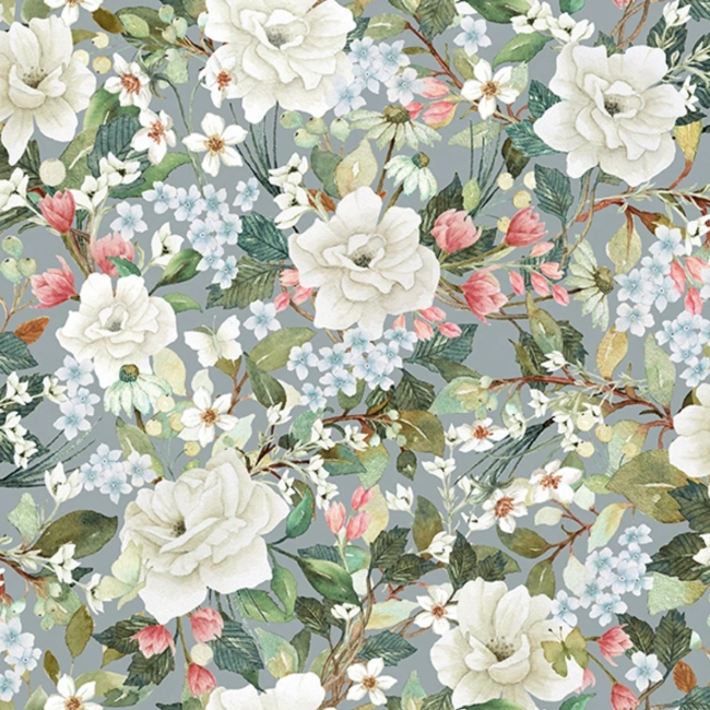 Unexpected Red Flowers Slate/Sage by Rebecca Canale from Studio E Fabrics