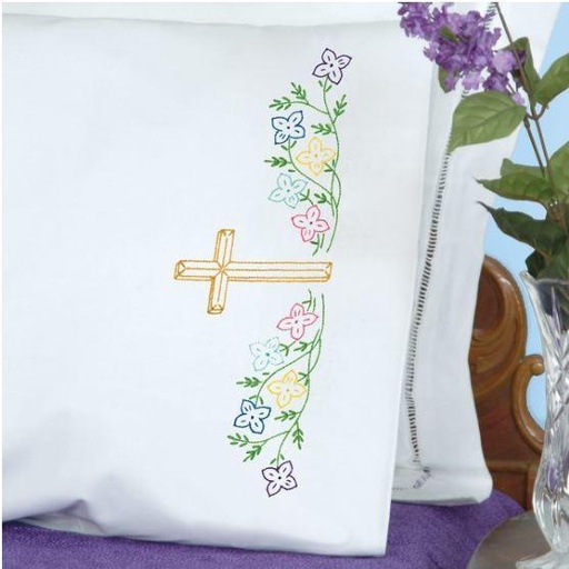 [JD-1600-947] Perle Edge Pillowcases Cross From Jack Dempsey Needle Art