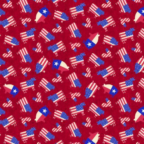 [PB-4505-r] American Farm Flag Animals Tossed Red From P&B Textiles