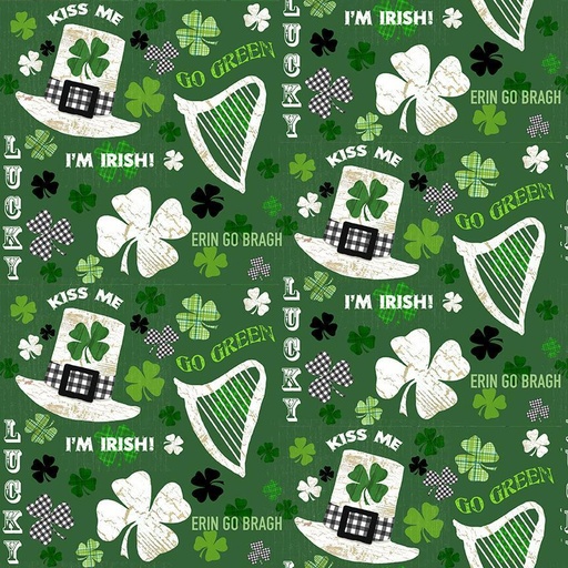 [HG-9733-66] Hello Lucky Shamrocks, Hats, Harps Green From Henry Glass