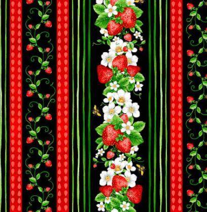 [TTR-1047] Strawberry Fields Strawberries And Blooms Border Stripe From Timeless Treasures
