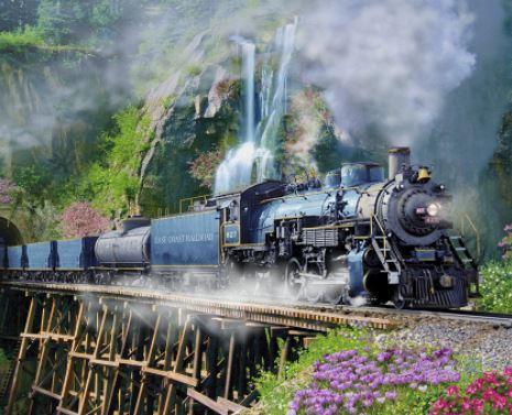 [3w-18714Panel] Steam In The Spring Train On Trestle  Panel