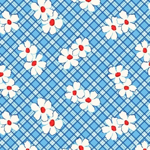 [PB-04632-B] Beach Baby Diagonal Plaid/Floral Blue By Retro Vintage For P&B Textiles