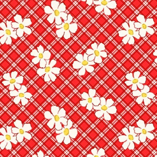 [PB-04632-R] Beach Baby Diagonal Plaid/Floral Red By Retro Vintage For P&B Textiles