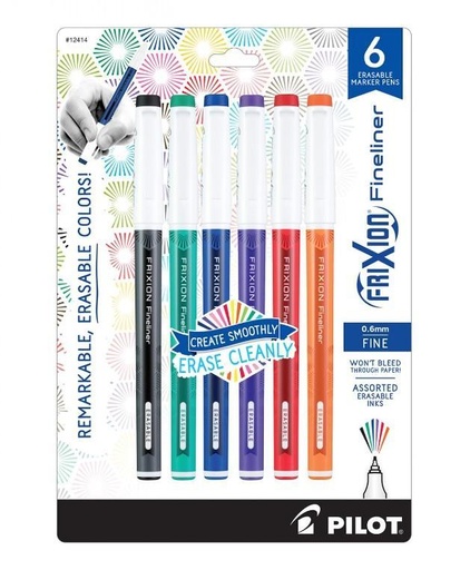 [FX-FC-6001] Pilot Frixion Fineliner Pens, 6Pk, Assorted Colors