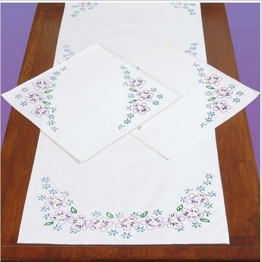 [JD-448-694] Lavender Flowers Scarf & Doily Set Stamped For Embroidery