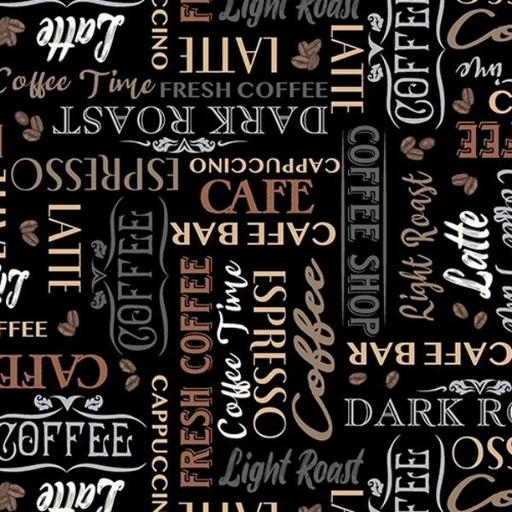 [WF-53064-4] Coffee Connoisseur Words Black  By Jean Plout For Whistler Studios From Windham Fabrics