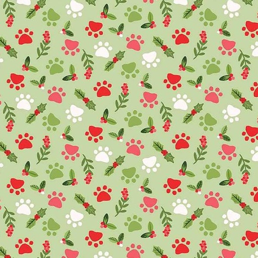 [TTR-1404-GRN] Cozy Holidays Paw Prints Green by Olivia Gibbs for Timeless Treasures