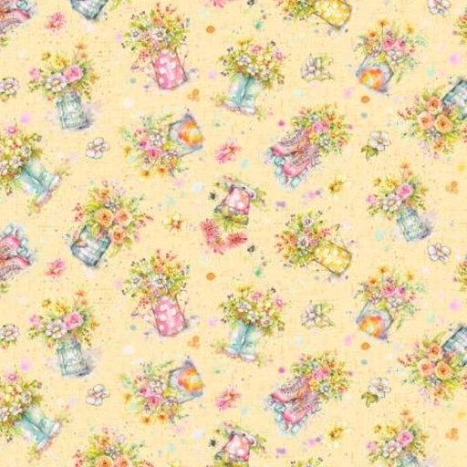 [PB-04738-Y] Boots & Blooms Floral Toss Yellow By Sillier Than Sally Designs For P & B Textiles