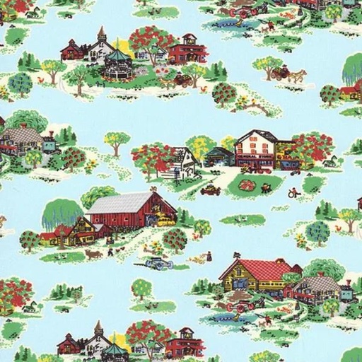 [KAUF-21031-4] Sunnyside Farm Small Town Blue By Debbie Beaves From Flowerhouse For Robert Kaufman Fabrics