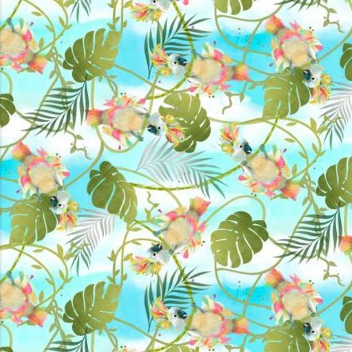 [3W-19376-BLU] Tropicolor Birds Cockatoo Blue By Connie Haley For 3 Wishes Fabric