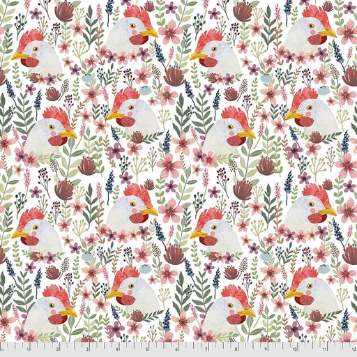 [FS-PWMC009-WHITE] Farm Friends Floral Chicken White By Mia Charro For Free Spirit