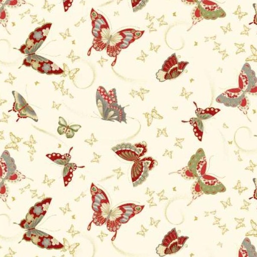 [TTR-1668-CRM] Kyoto Garden Asian Butterflies Metallic Cream By Chong-A Hwang For Timeless Treasures