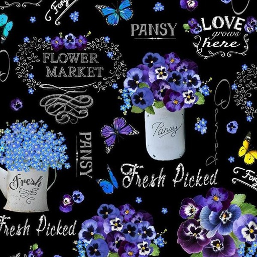 [TTR-1890-BLK] Pansy Paradise Vase Words Black By Timeless Treasures