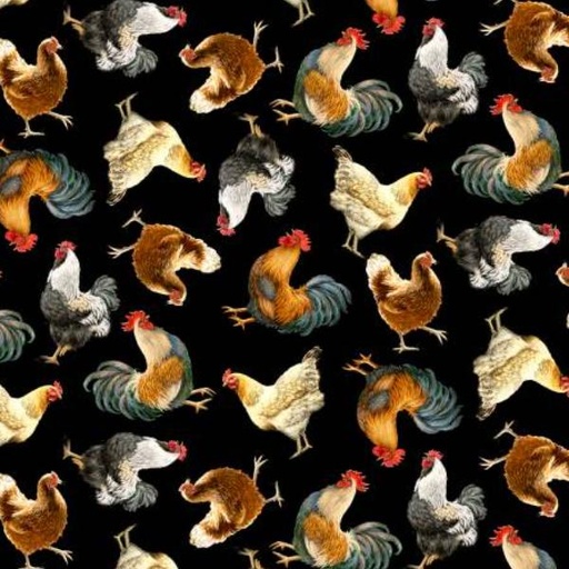 [TTR-8339-BLK] Chickens and Roosters Black by Dona Geisinger for Timeless Treasures