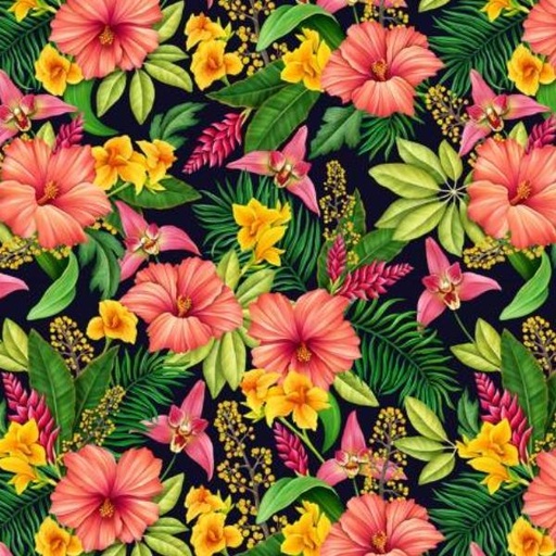 [TTR-2119-BLK] Tropical Florals Black By Timeless Treasures