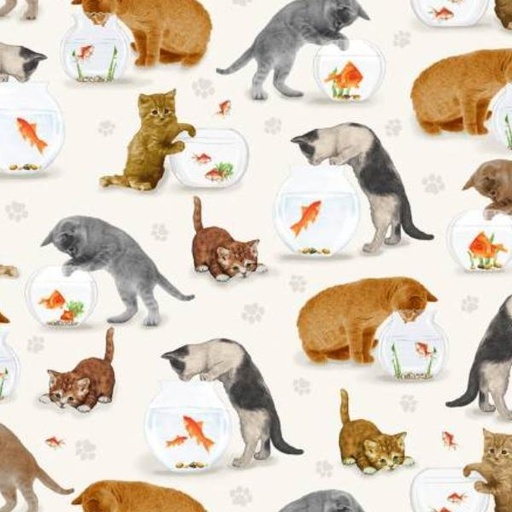 [TTR-2061-CRM] Cats Cats And Fish Bowl Cream By Timeless Treasures