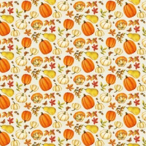 [HG-738-36] Turkey Talk Pumpkins Leaves Cream Multi By Jane Allison For Henry Glass