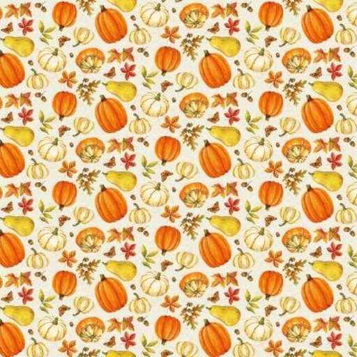 [HG-738-36] Turkey Talk Pumpkins Leaves Cream Multi By Jane Allison For Henry Glass
