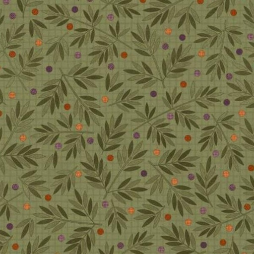 [MAY-9955-G] Autumn Harvest Leaf Berries Flannel Green By Bonnie Sullivan For Maywood Studio