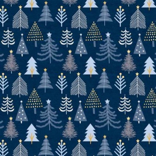 [PB-5076-N] Christmas Shimmer Trees Navy W Gold Metallic By Jennifer Ellory For P & B Textiles