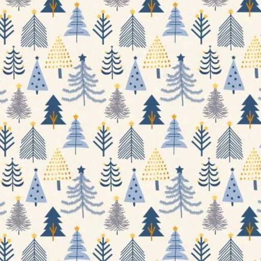 [PB-5076-E] Christmas Shimmer Trees Ecru W Gold Metallic By Jennifer Ellory For P & B Textiles