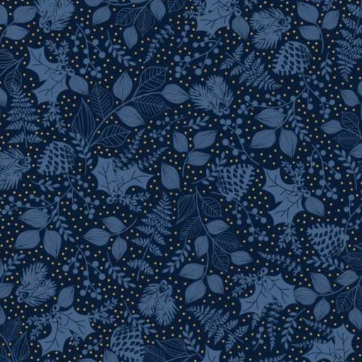 [PB-5079-N] Christmas Shimmer Leafy Blender Navy W Gold Metallic By Jennifer Ellory For P & B Textiles