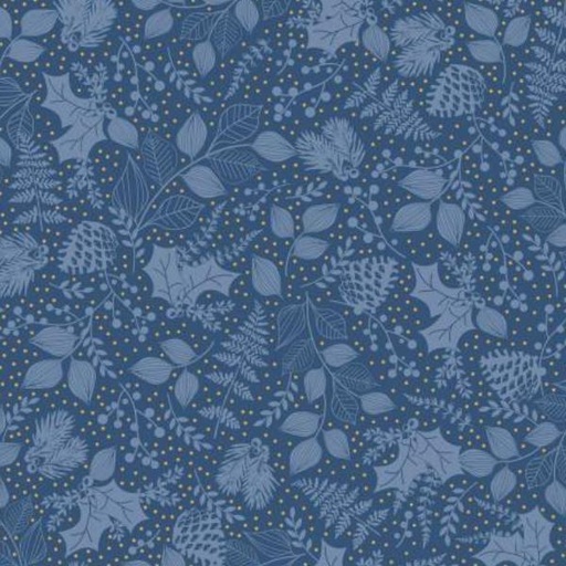 [PB-5079-B] Christmas Shimmer Leafy Blender Blue W Gold Metallic By Jennifer Ellory For P & B Textiles