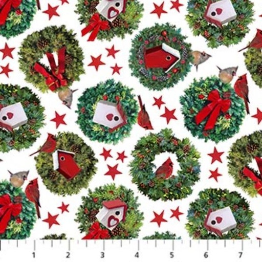 [NOR-25294-10] Golden Christmas Wreaths White Multi By Jason Kirk For Northcott