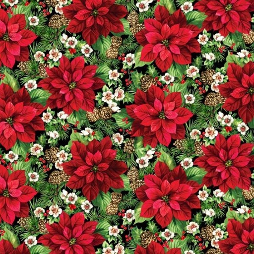 [NOR-25480-99] Cardinal Xmas Poinsettas Black Multi By Cardinal Christmas For Northcott