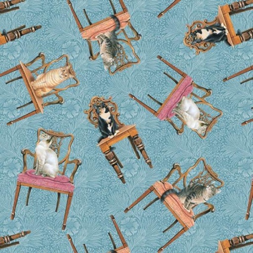 [BLAN-2977-11] Sophisticats Cats On Chairs Light Blue By Leslie Anne Ivory For Blank Quilting