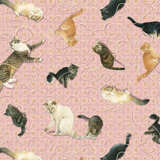 [BLAN-2979-22] Sophisticats Cats Playing With Yarn Pink By Leslie Anne Ivory For Blank Quilting