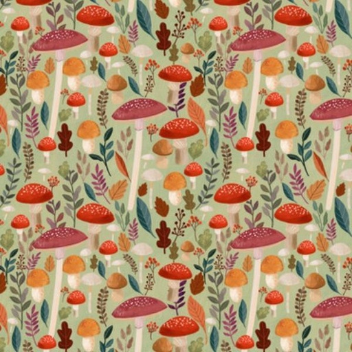 [FR-PWMC041.XLINEN] Autumn Friends Mushrooms in Sage by Mia Charro for Free Spirit Fabrics