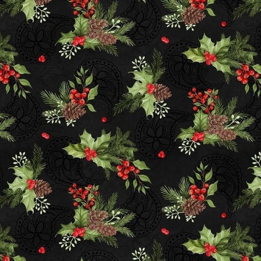 [WP-27667-93] Tartan Holiday Black Foliage Toss By Danielle Leone For Wilmington Prints