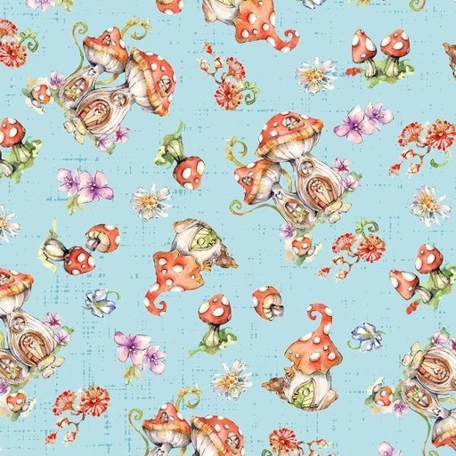 [PB-5157-B] Fairy Garden Blue Mushroom Toss By Siller Than Sally Designs For P&B Textiles