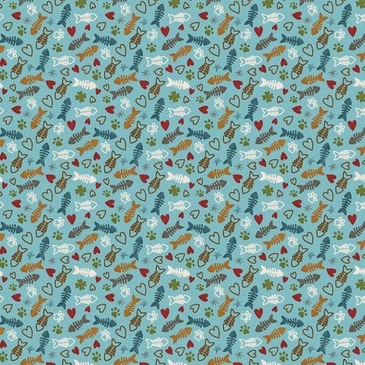 [HG-829-11] Hat On A Cat Light Blue Fish Bones By Leanne Anderson For Henry Glass
